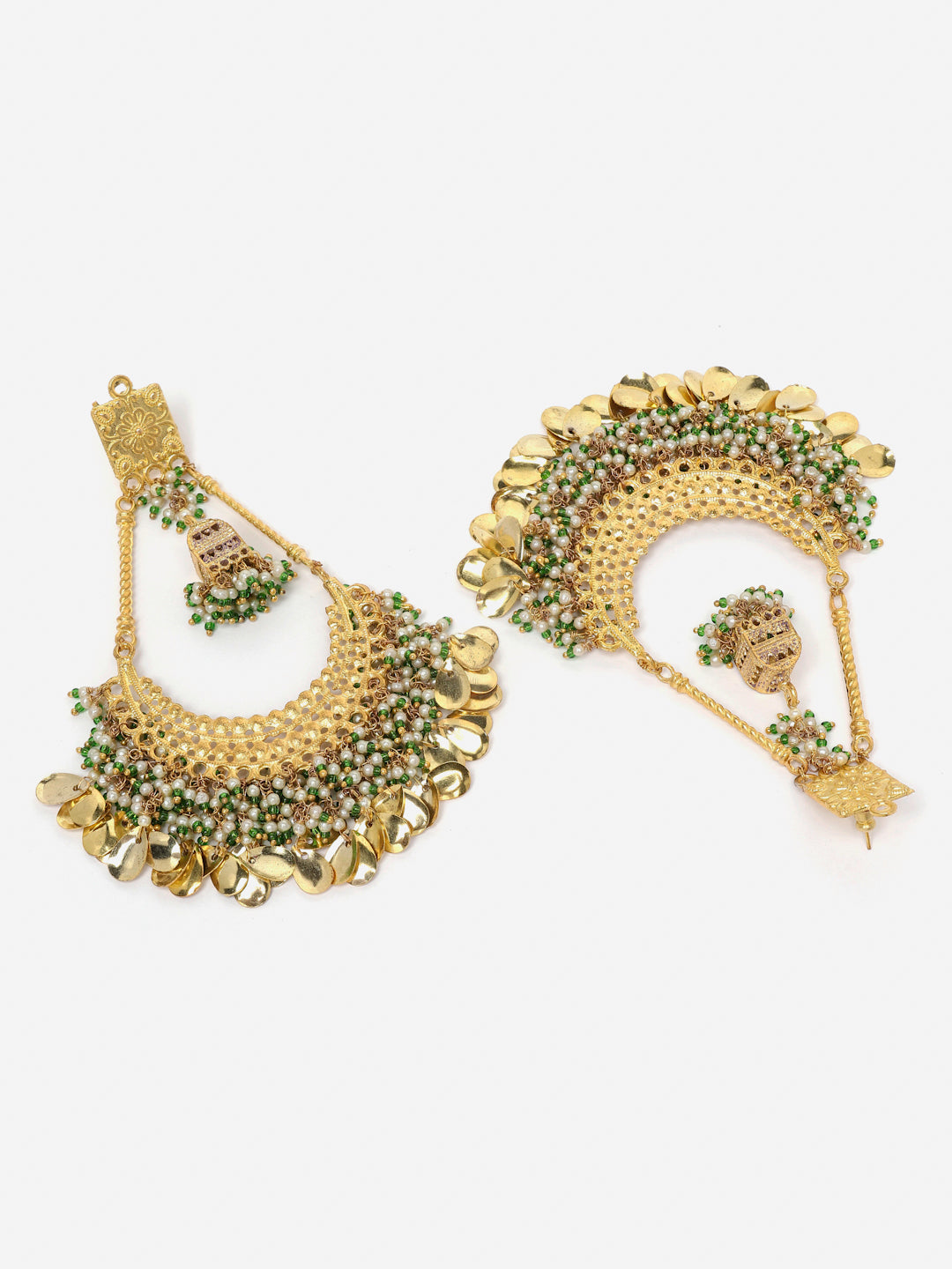 AIVY LUXE chand bali earrings gold with intricate green and white bead detailing and floral motifs
