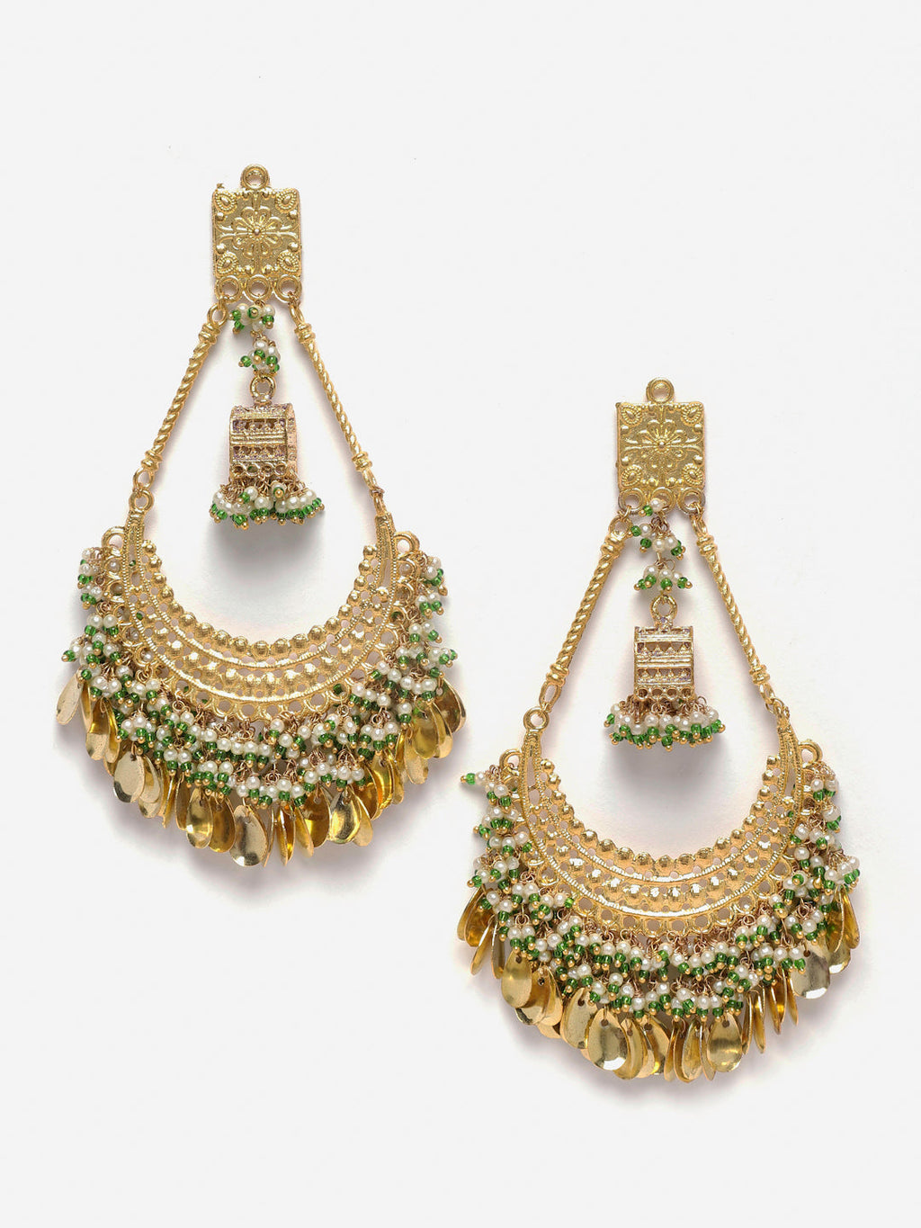 AIVY LUXE chand bali earrings gold with intricate design n green bead accents