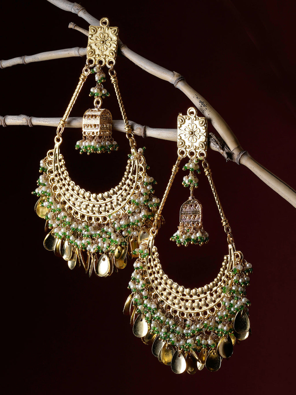 AIVY LUXE chand bali earrings gold with green bead accents and intricate detailing