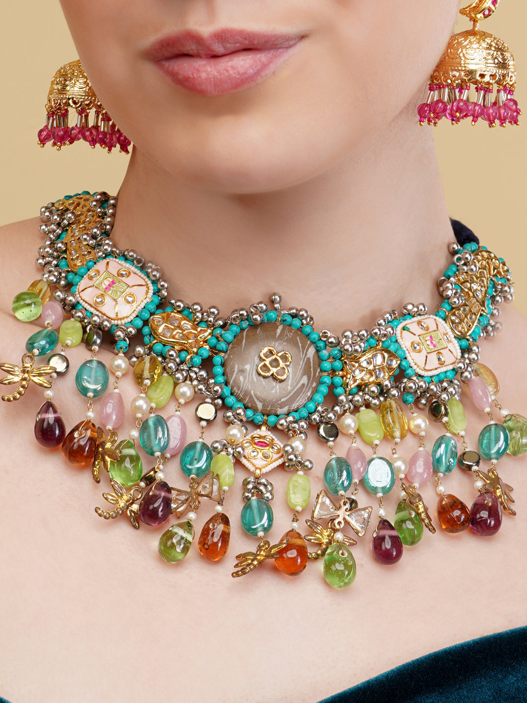 AIVY LUXE colorful gemstone statement necklace with multicolored beads and intricate design worn on model