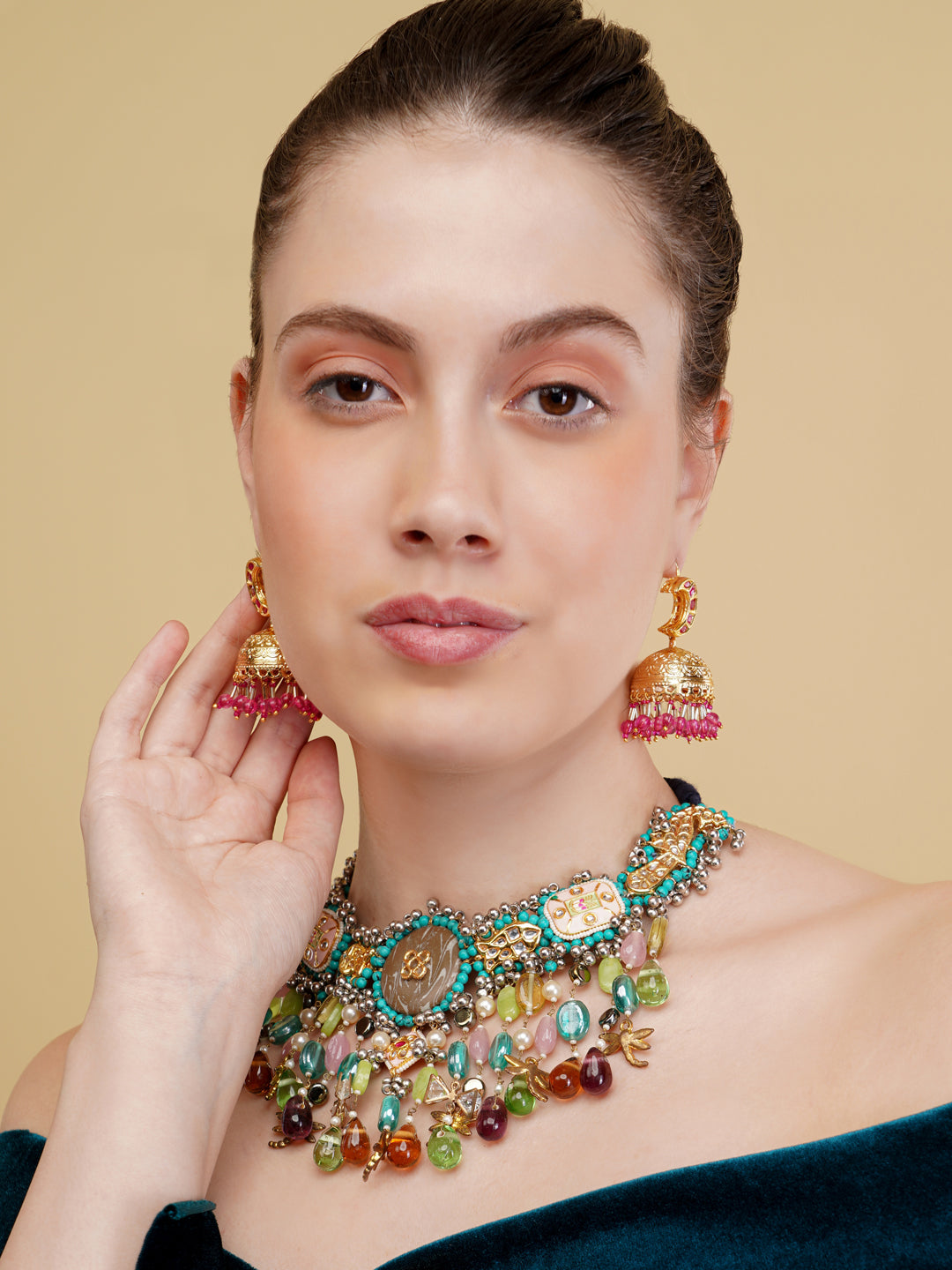 AIVY LUXE colorful gemstone statement necklace with vibrant multicolored beads worn by model