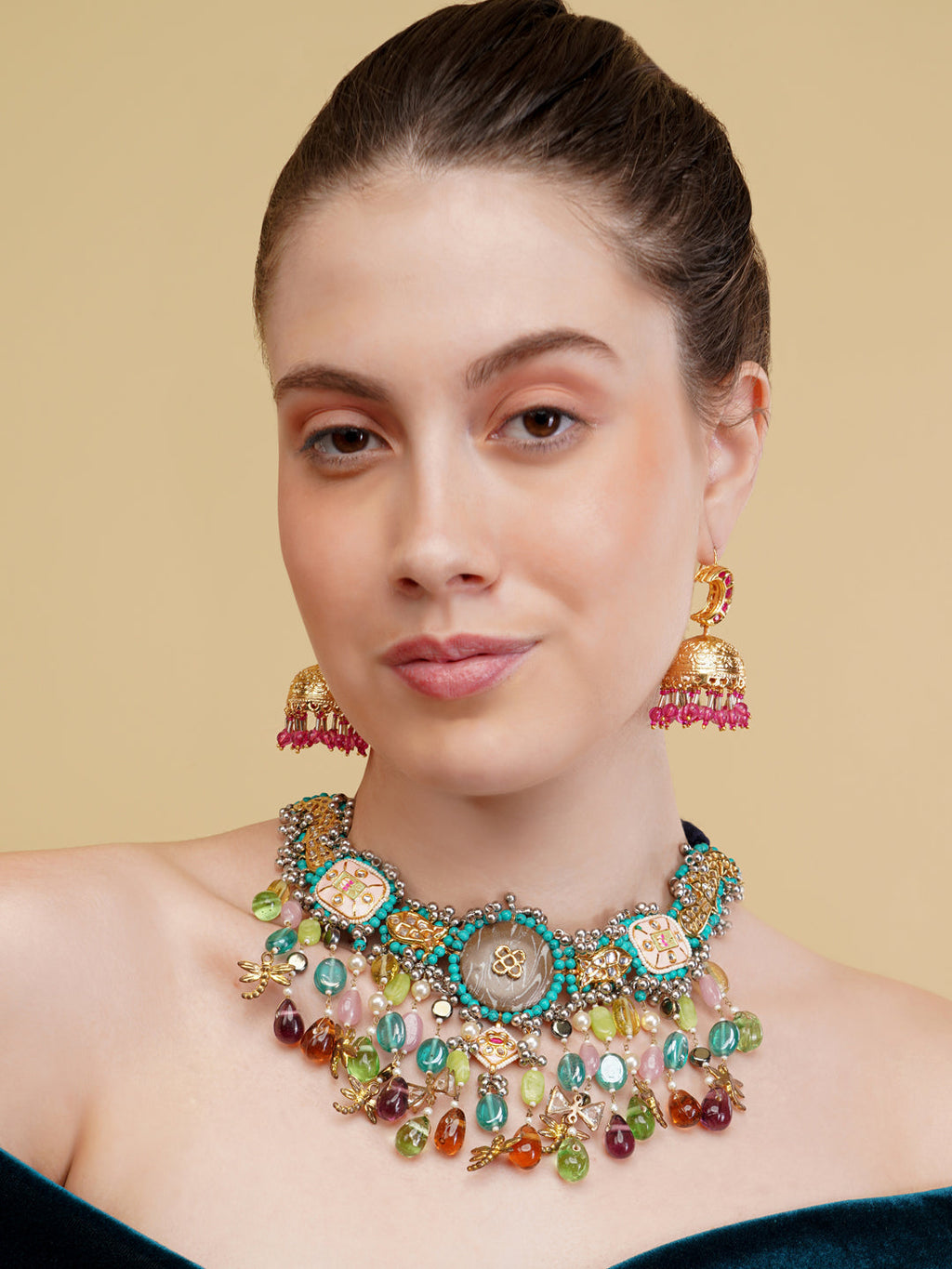 AIVY LUXE colorful gemstone statement necklace with multicolor beads worn by a woman