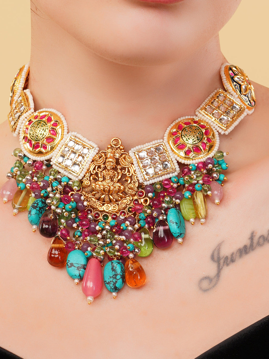 AIVY LUXE colourful authentic Indian necklace featuring vibrant beads and intricate gold detailing