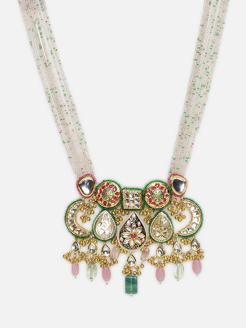 AIVY LUXE designer bridal choker set featuring intricate gold and gemstone detailing with multistrand white beaded necklace