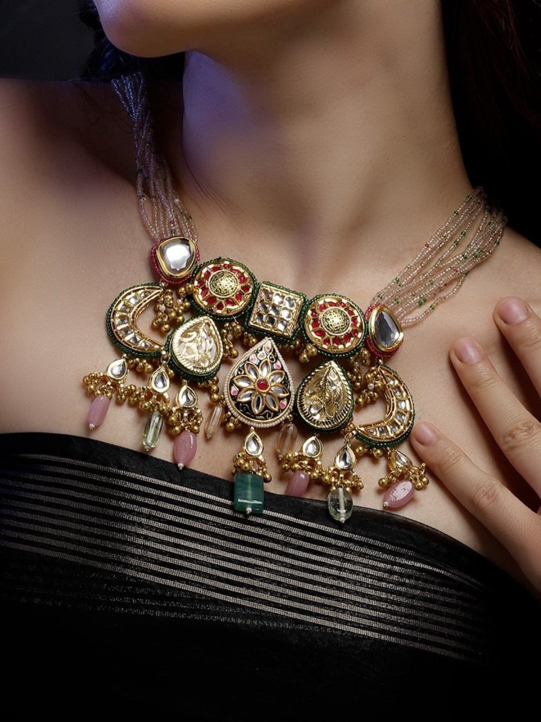 AIVY LUXE designer bridal choker set with intricate gold detailing and multicolor gemstones on a model