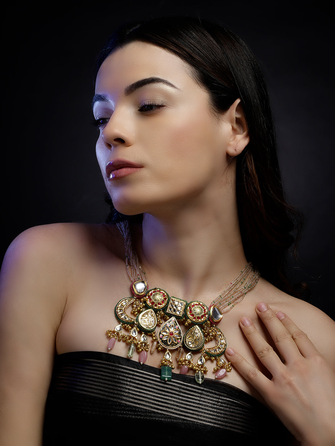 AIVY LUXE designer bridal choker set with intricate gold and gemstone detailing worn by a woman