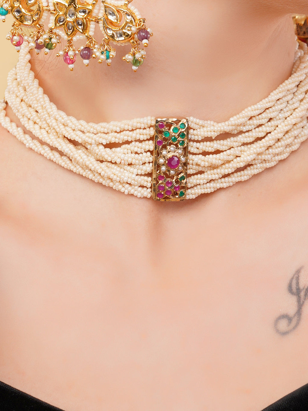 AIVY LUXE designer choker necklace for women featuring multiple strands of white beads with a colorful gemstone centerpiece