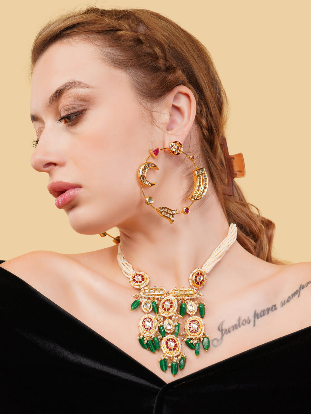 AIVY LUXE designer Indian hoop earrings worn by a model with matching necklace and black off-shoulder top