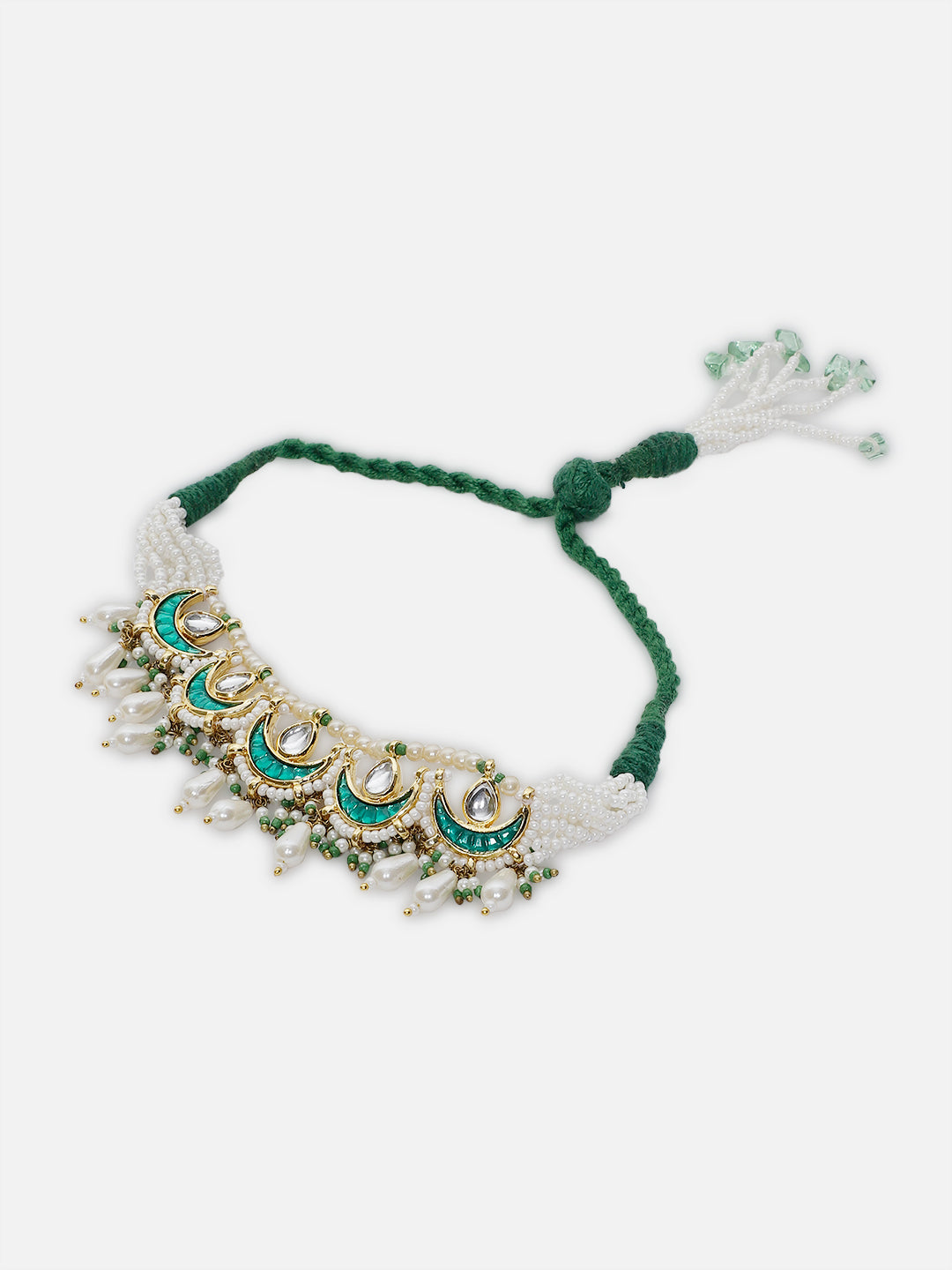AIVY LUXE handcrafted bajuband bracelet with green and white beads and intricate gold detailing
