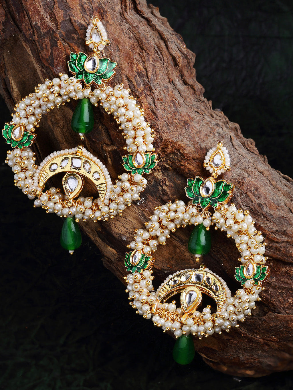AIVY LUXE luxury ethnic earrings online featuring pearl and green gemstone detailing with intricate gold accents