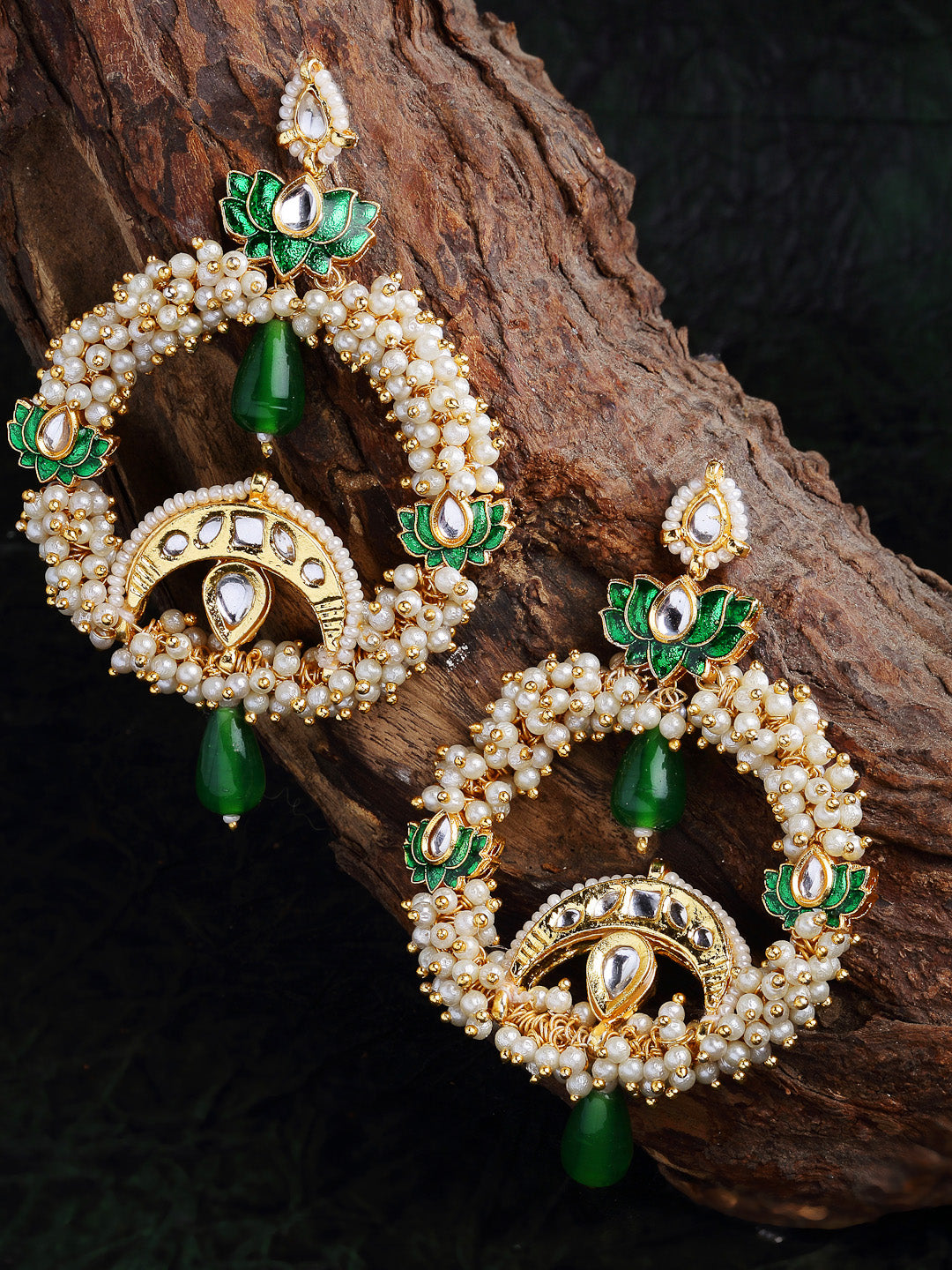 AIVY LUXE luxury ethnic earrings online featuring pearl and green gemstone detailing with intricate gold accents