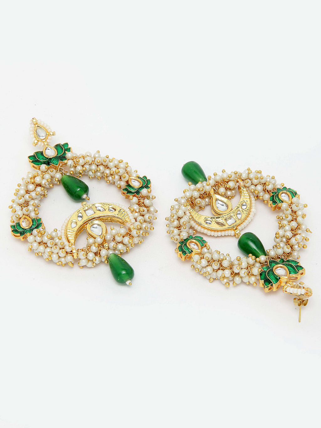AIVY LUXE gold and pearl luxury ethnic earrings online with green accents and intricate design