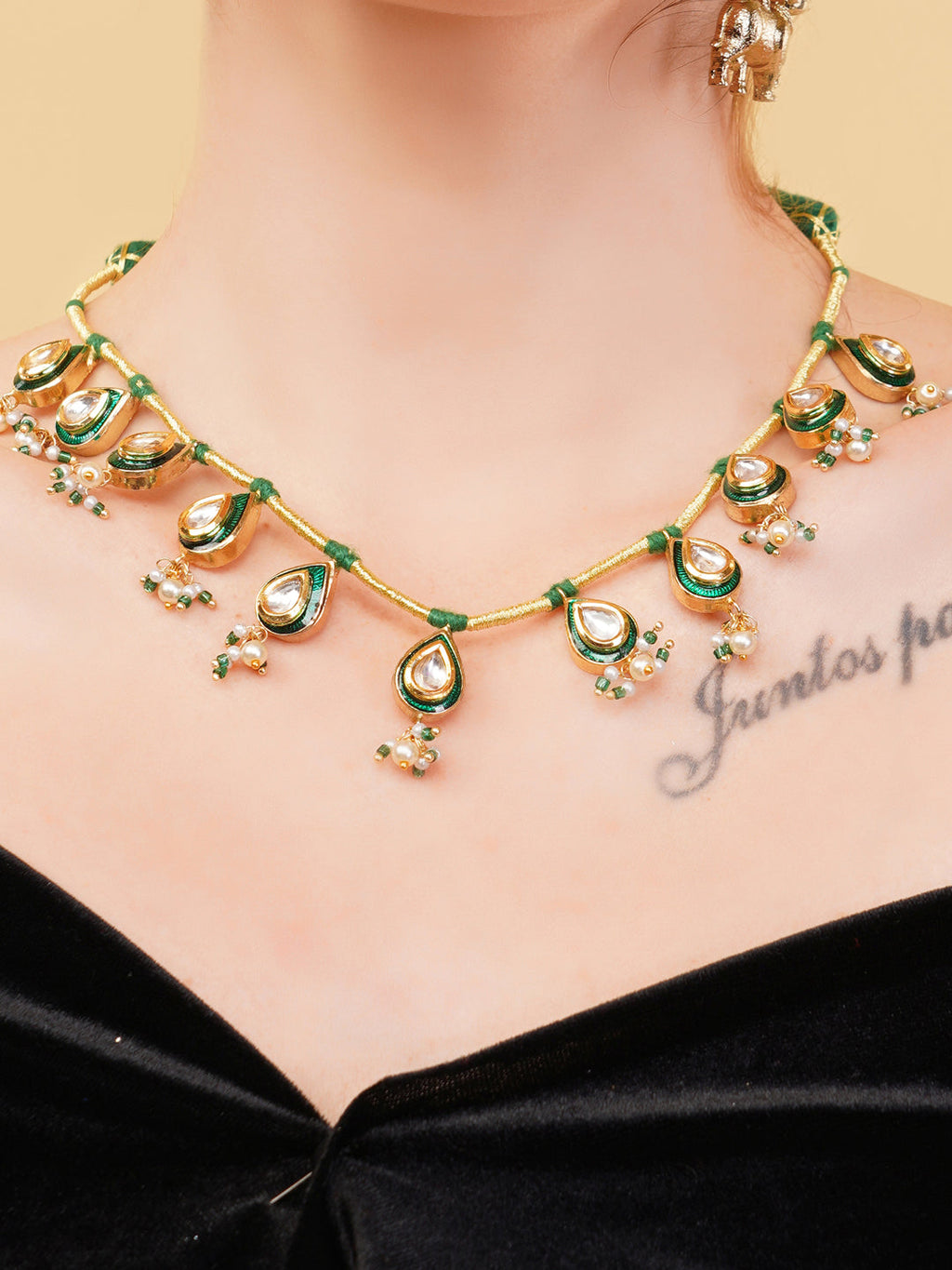 AIVY LUXE luxury Indian necklace for women with green and gold teardrop designs and pearl accents