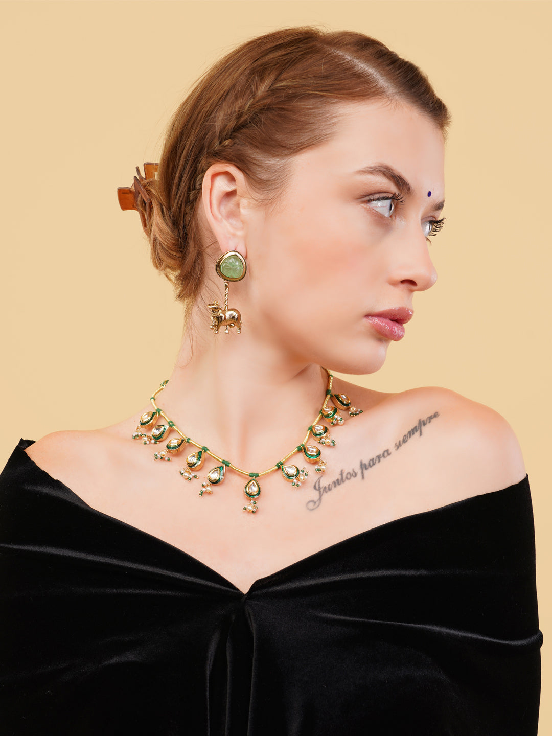 Luxury Indian necklace for women by AIVY LUXE featuring green and gold intricate design with pearl accents