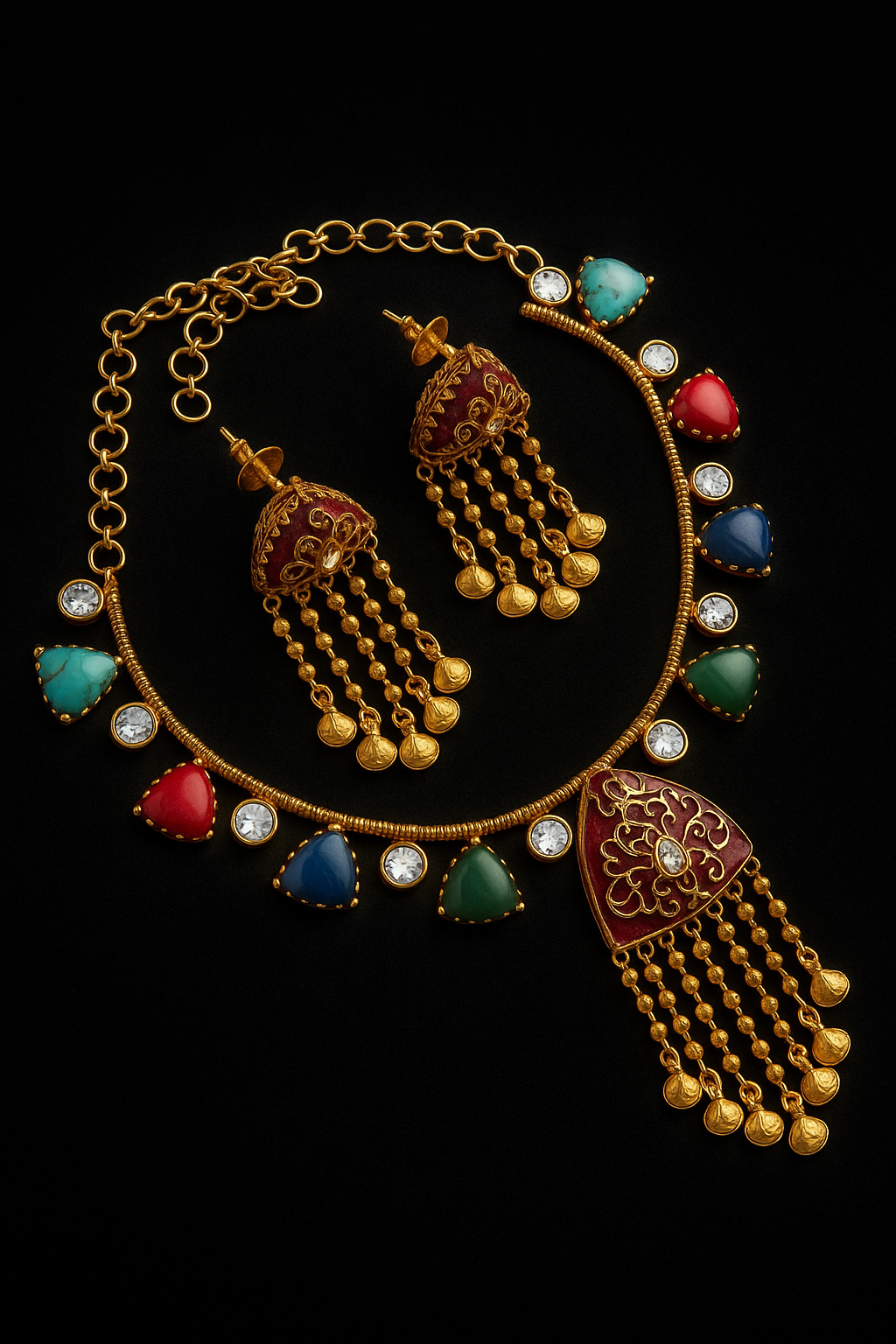 AIVY LUXE polki necklace set with multicolor stones featuring gold-tone intricate design and matching earrings