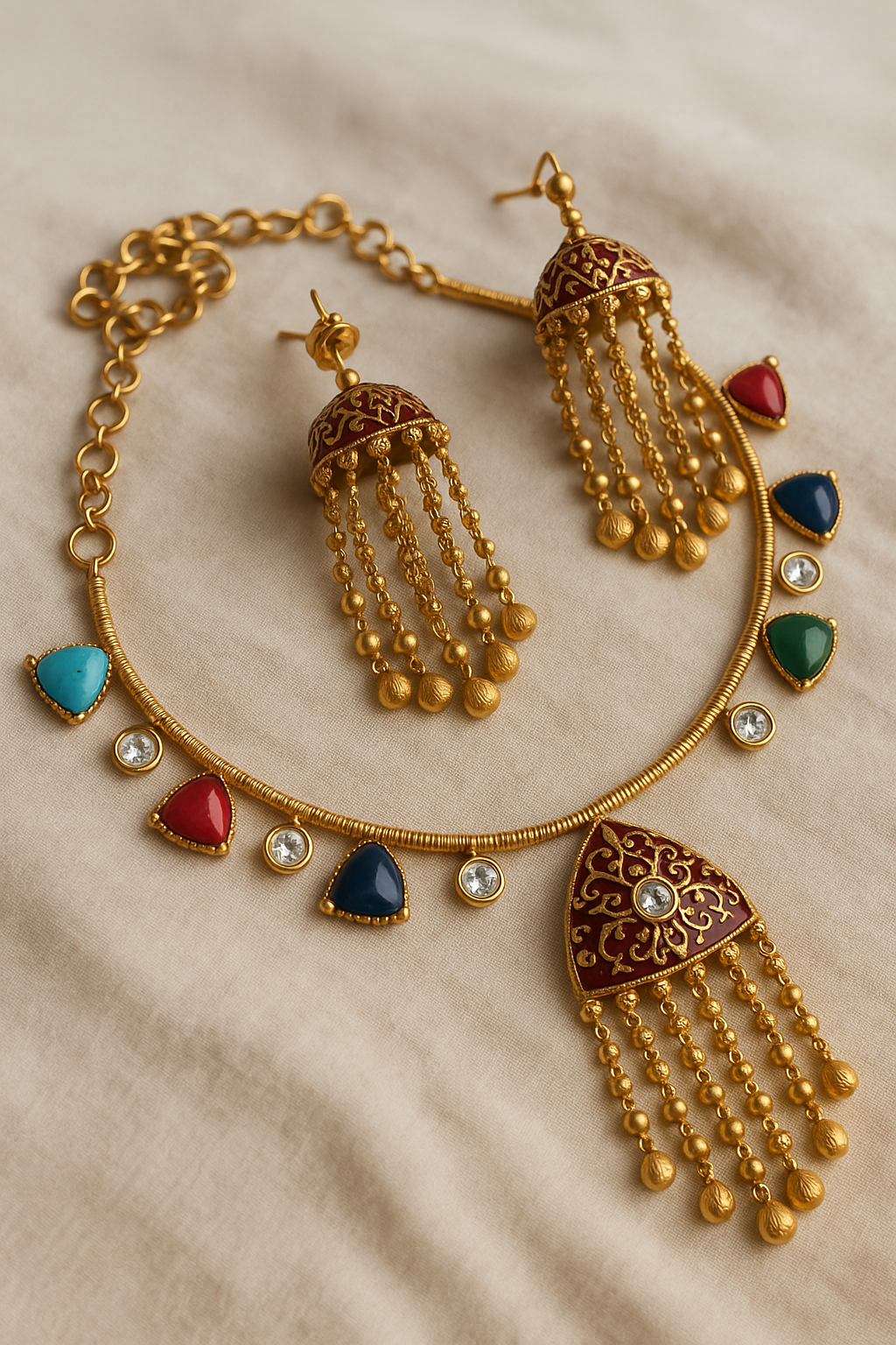 AIVY LUXE polki necklace set with multicolor stones featuring gold chains and intricate dangling beads