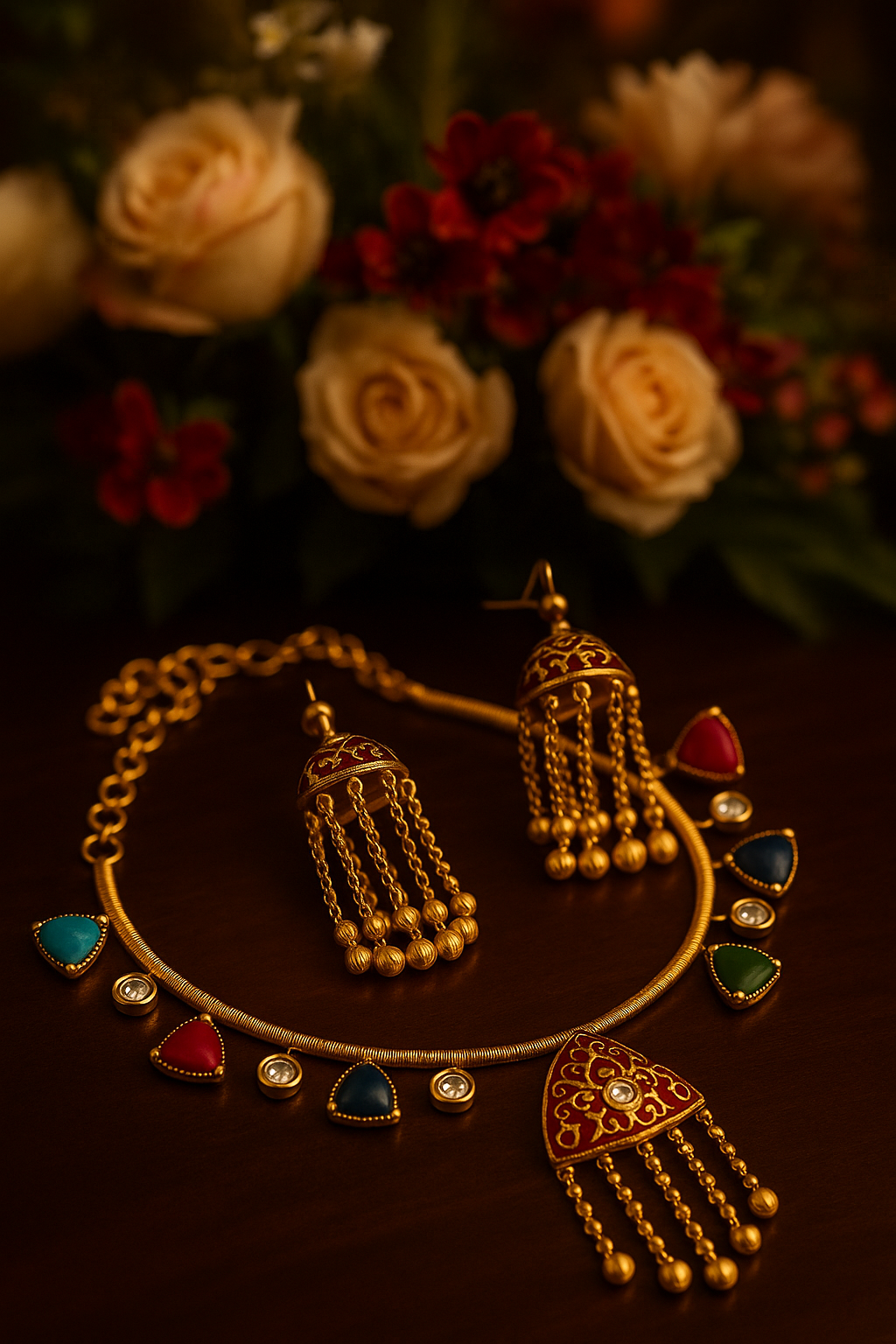 AIVY LUXE polki necklace set with multicolor stones featuring gold-tone design and matching earrings