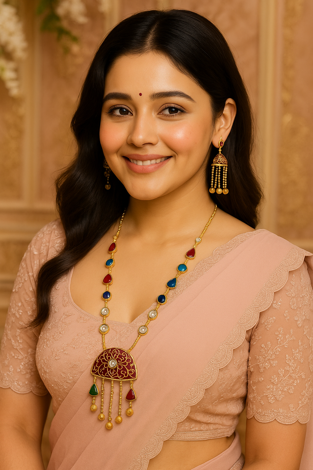 AIVY LUXE polki necklace set with multicolor stones worn by woman in peach saree with matching earrings