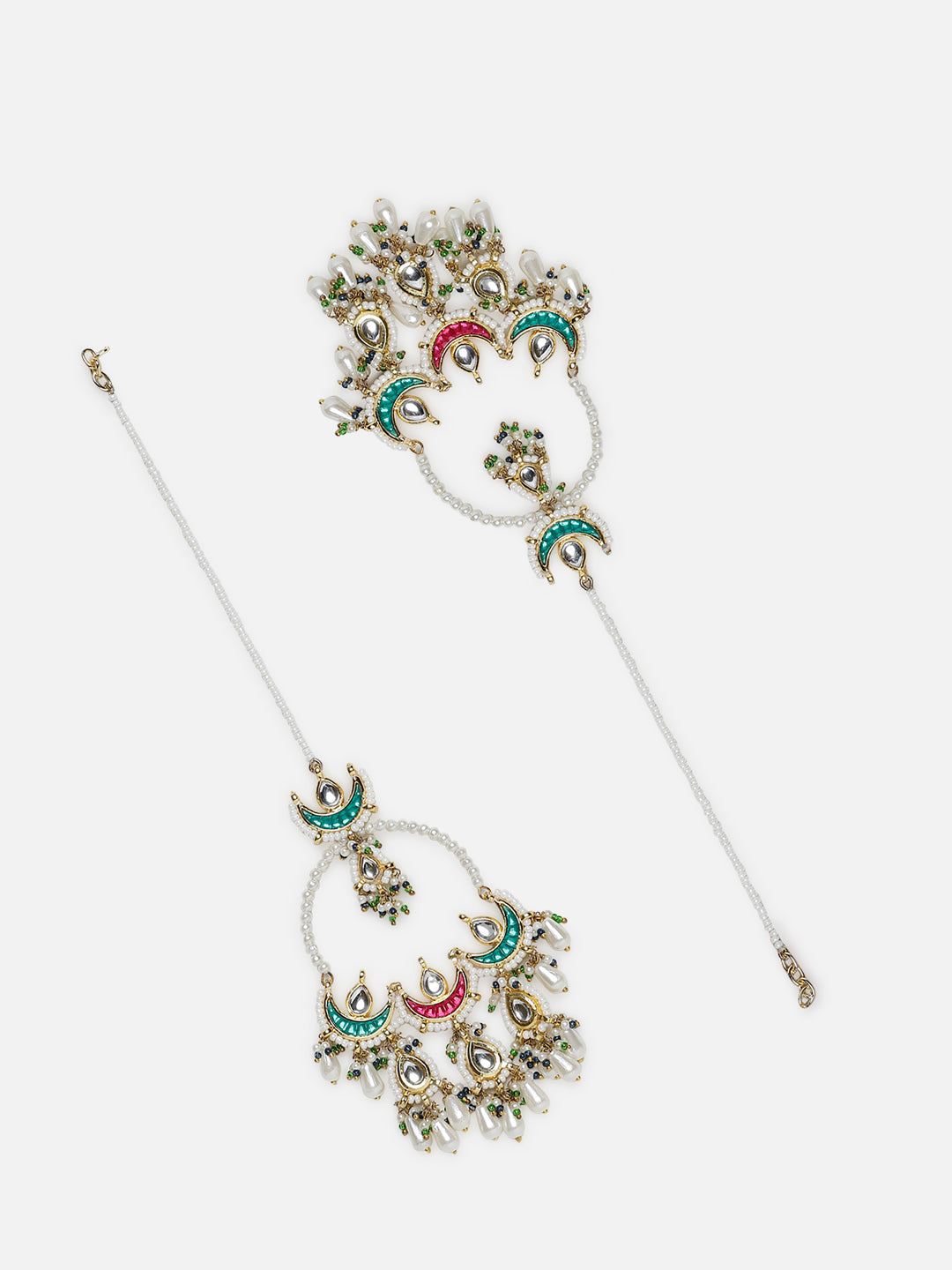 AIVY LUXE Shafaq-e-Laal drop earrings featuring intricate green and red crescent designs with pearl and bead embellishments