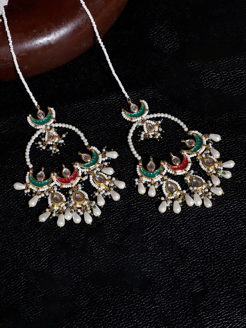 AIVY LUXE Shafaq-e-Laal drop earrings with intricate pearl and colorful bead detailing on black background