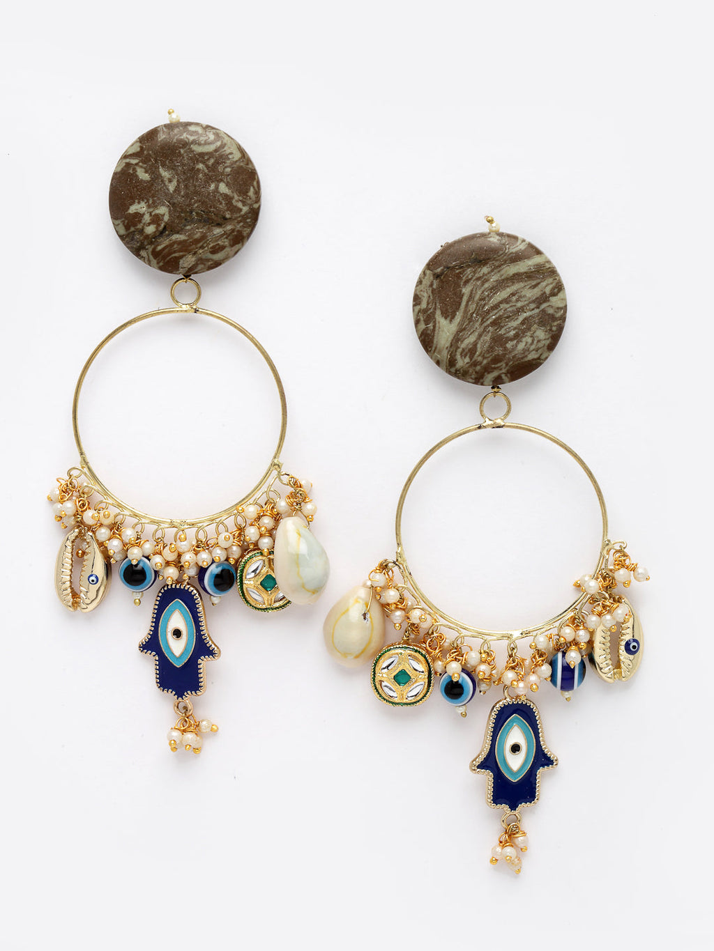 AIVY LUXE shamrock chand bala earrings with gold hoops, pearl accents, and blue eye charms