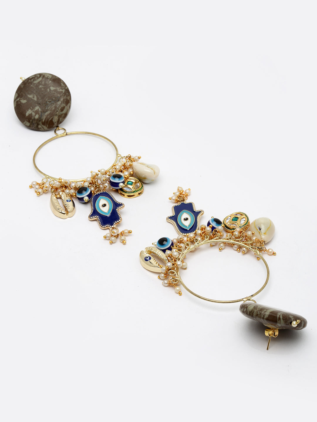 AIVY LUXE shamrock chand bala earrings featuring blue evil eye charms and pearl accents