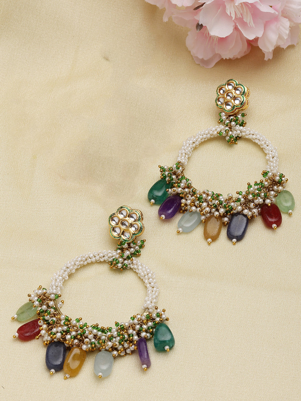 AIVY LUXE teal chand bala earrings with multicolor stone drops and intricate pearl detailing