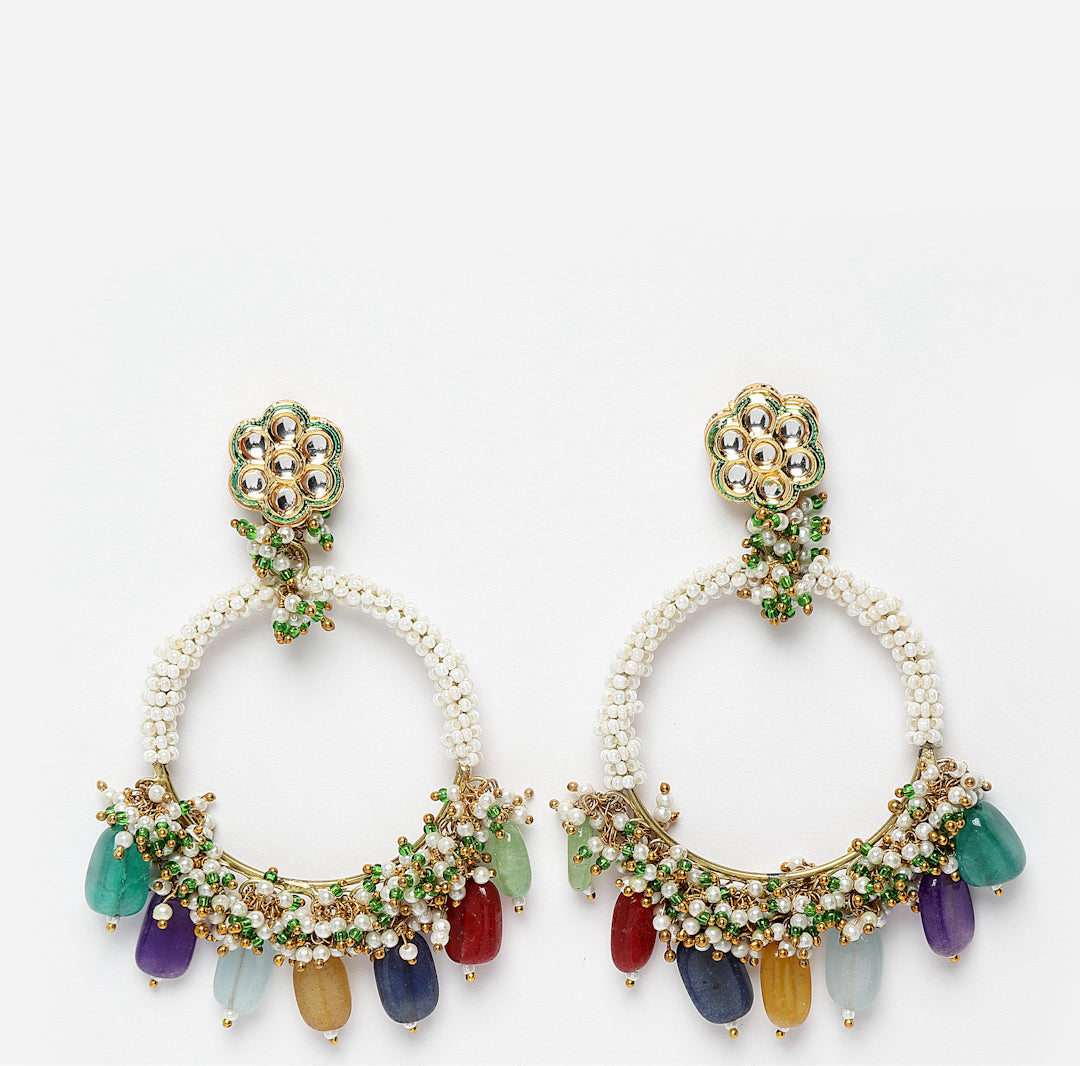 AIVY LUXE teal chand bala earrings with pearl beads and multicolor stone dangles