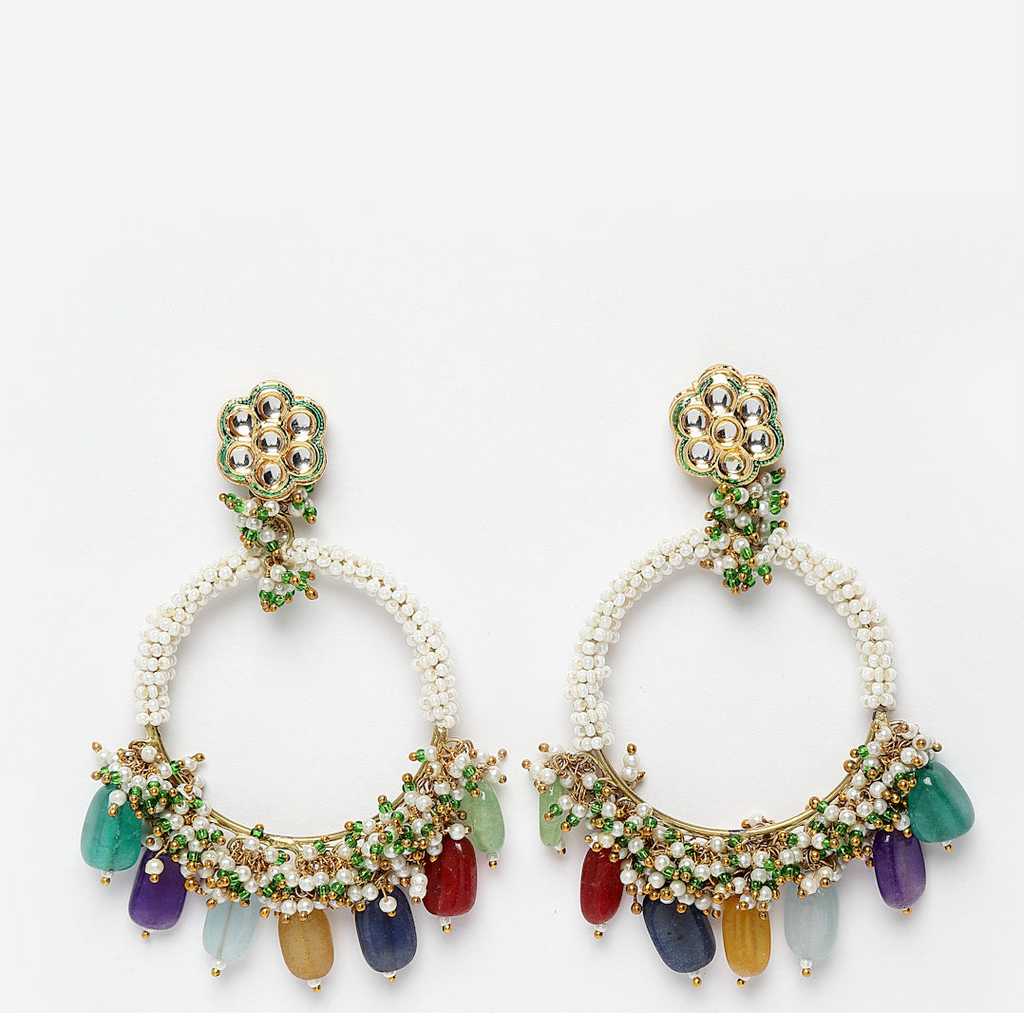 AIVY LUXE teal chand bala earrings with colorful beads and intricate pearl detailing