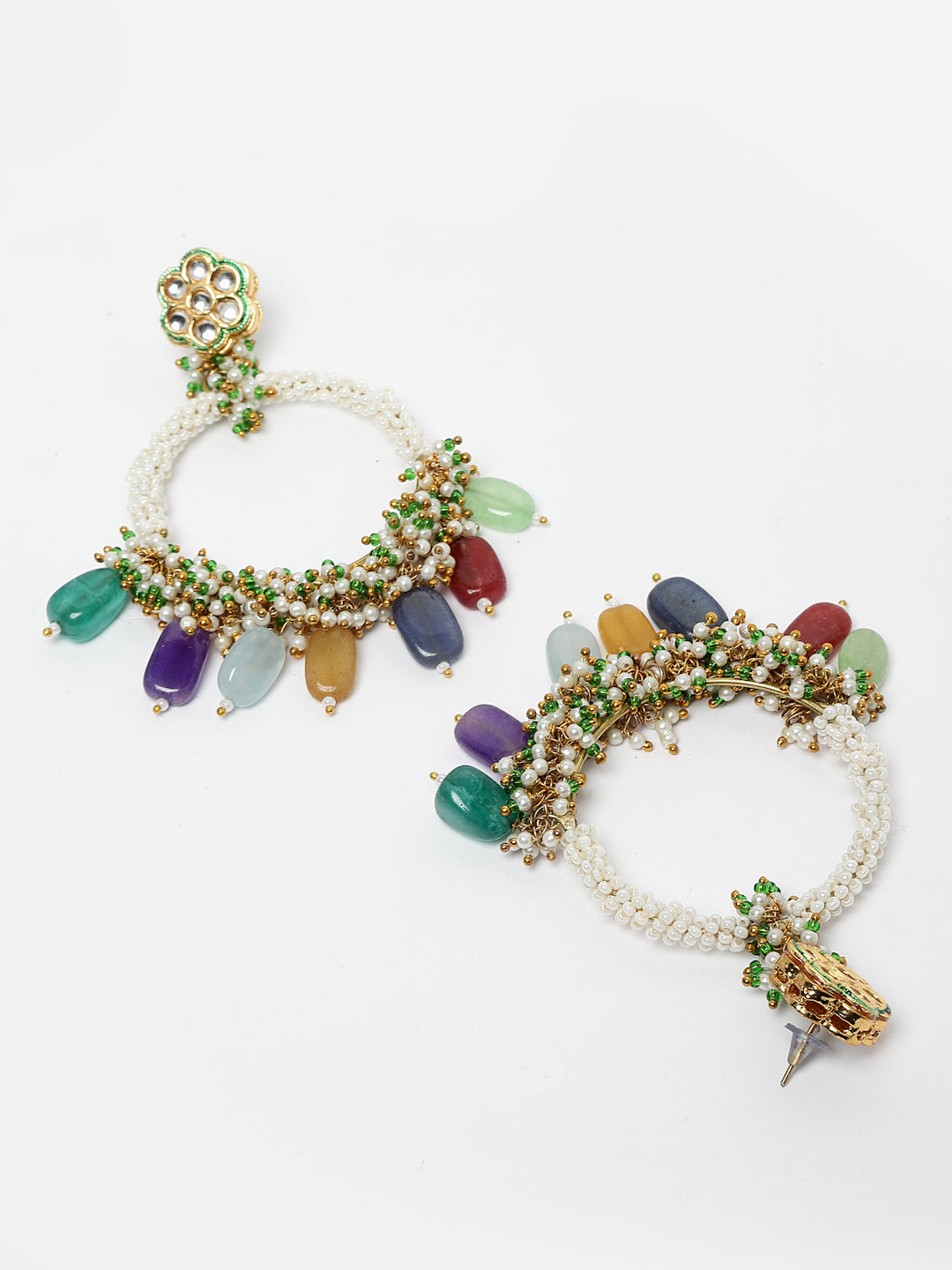 AIVY LUXE teal chand bala earrings with multicolor bead accents and intricate pearl detailing