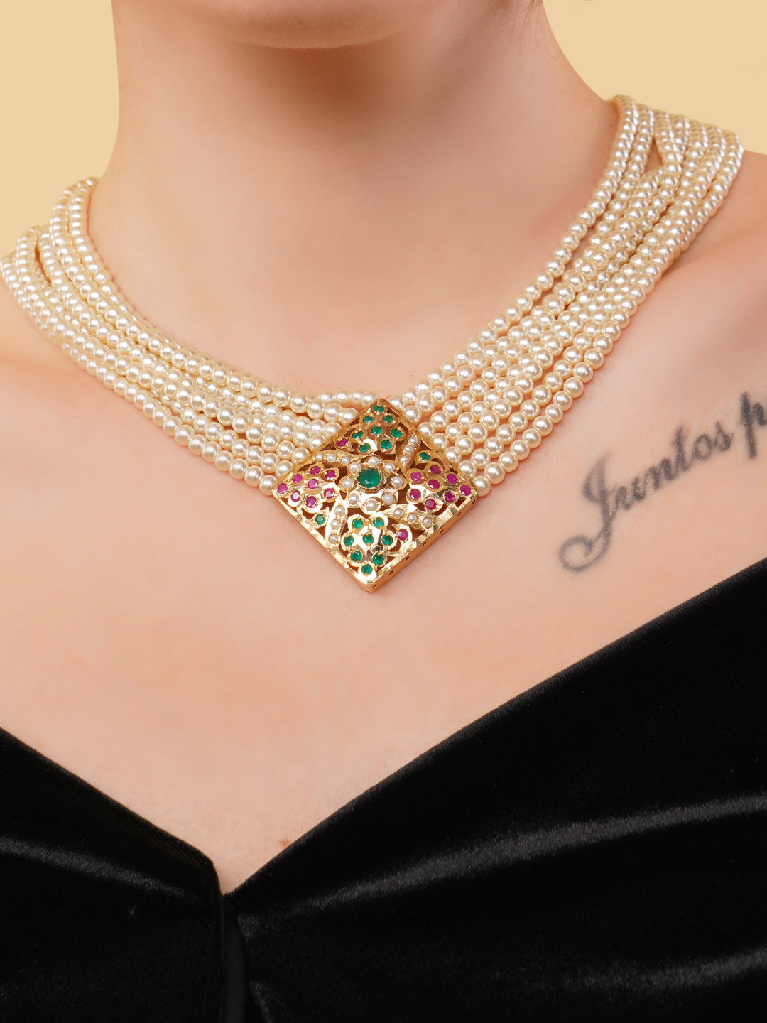AIVY LUXE traditional kundan pearl necklace with multiple pearl strands and a decorative multicolor pendant