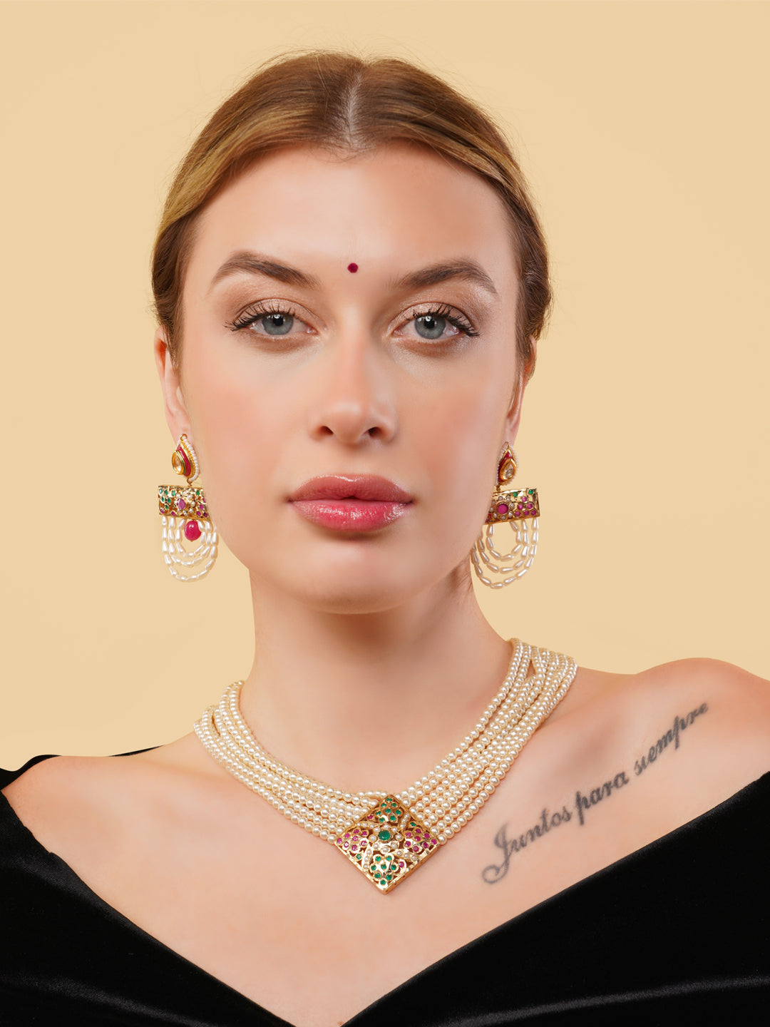 AIVY LUXE traditional kundan pearl necklace with multi-layered pearls and intricate gold pendant worn by model