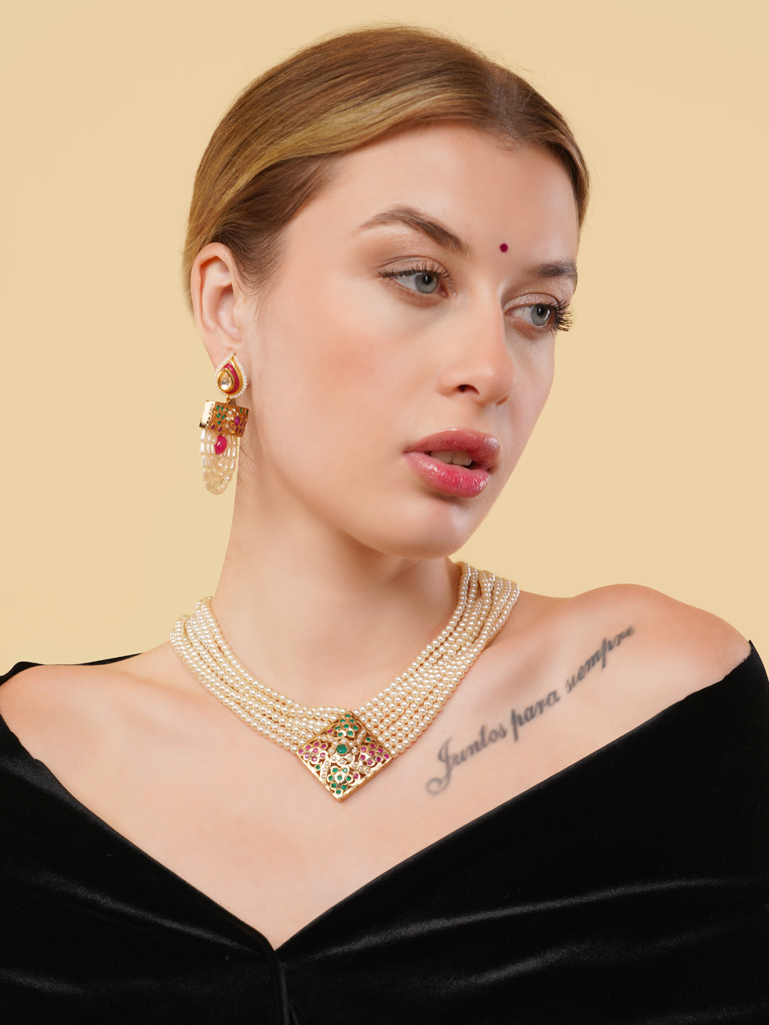 AIVY LUXE traditional kundan pearl necklace with multi-strand pearls and ornate pendant worn by model