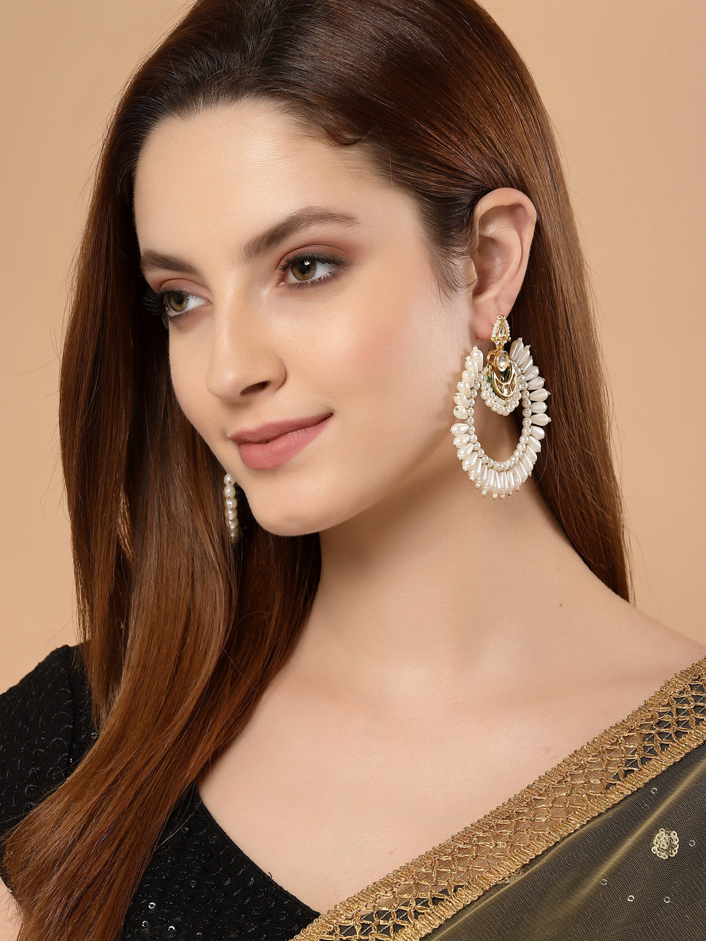 AIVY LUXE Zard Gulab Chand Bala earrings worn by woman with long hair and black saree with gold border
